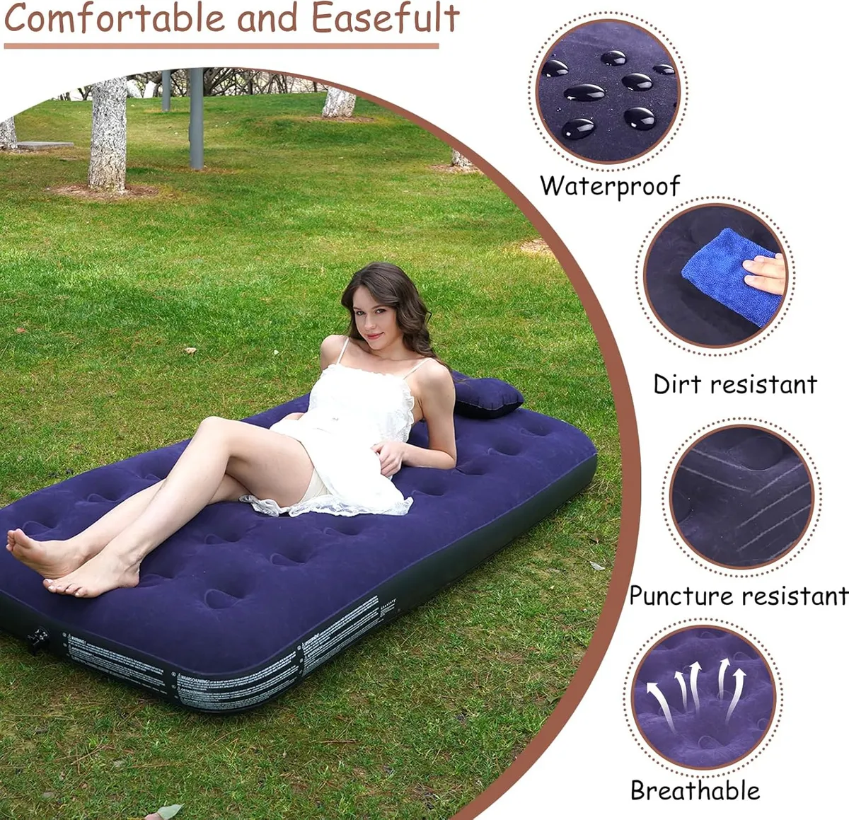 Matelas gonflable de luxe pour l'extérieur, rayé et en velours